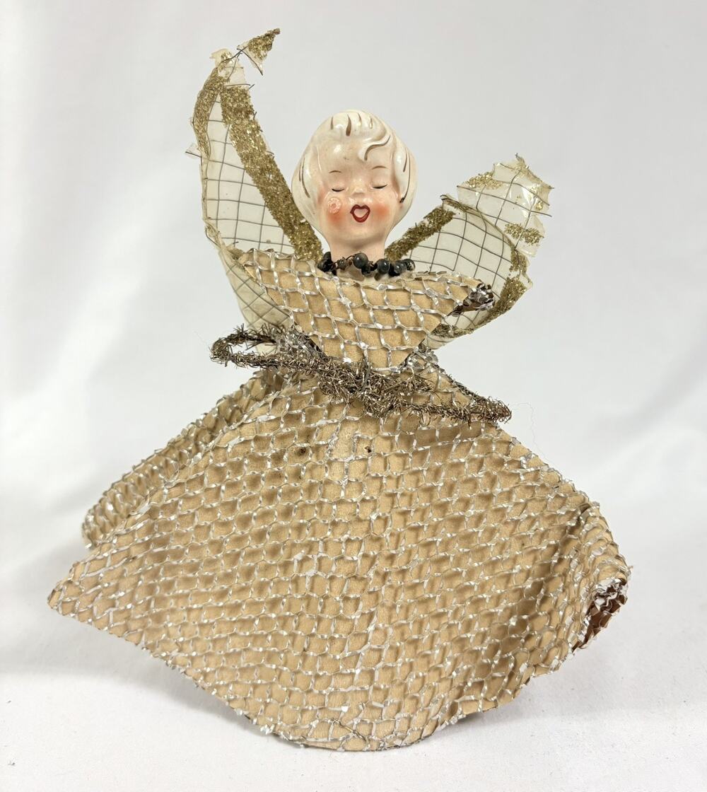 Holt Howard Ceramic Head Gold Mesh Angel Vintage MCM Christmas Tree Topper 8.5”